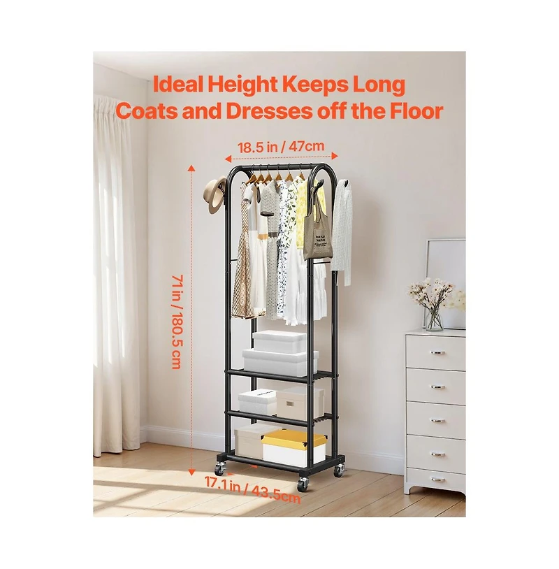 Slickblue Rolling Garment Rack with Hanging Rod, 3 Storage Shelves and Hooks for Laundry Room