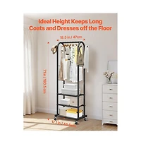 Slickblue Rolling Garment Rack with Hanging Rod, 3 Storage Shelves and Hooks for Laundry Room