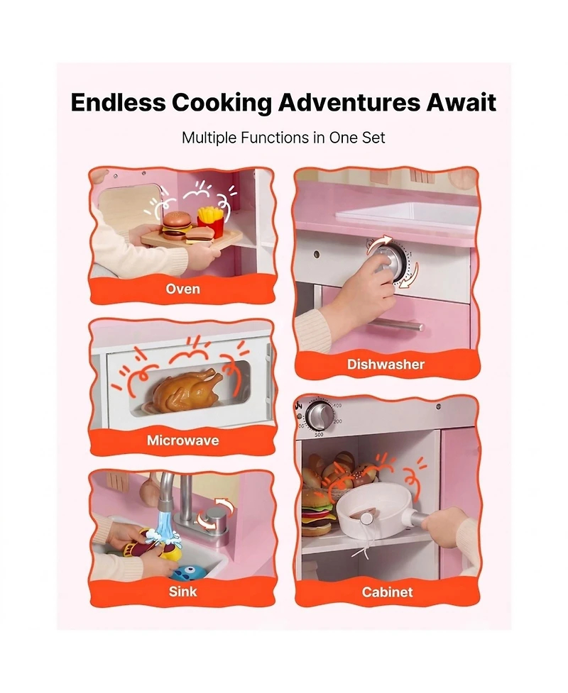 Sugift Lights and Sounds Wooden Play Kitchen With Cookware and Food Accessories, Ages 3+