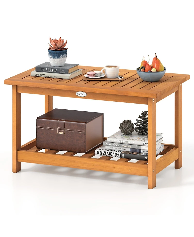 Mecale 29.5 in Acacia 2-Tier Outdoor Coffee Table with Open Shelf