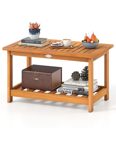 Mecale 29.5 in Acacia 2-Tier Outdoor Coffee Table with Open Shelf