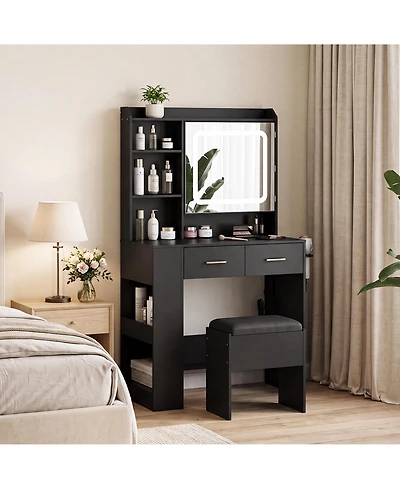 Makeup Vanity Desk with Led Lighted Mirror, Charging Station, Cushioned Stool, Drawers, Shelves and Hairdryer Rack