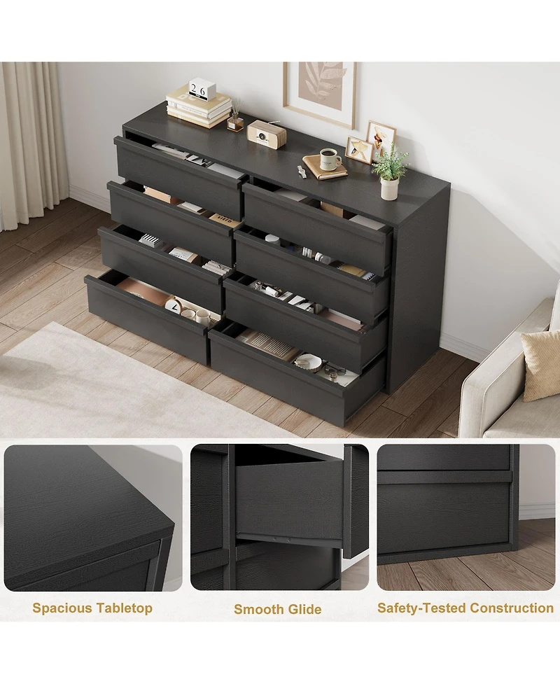 54" 8-Drawer Dresser for Bedroom, Modern Wide Chest of Drawers with Large Storage, Wood Organizer for Living Room, Entryway, Nursery