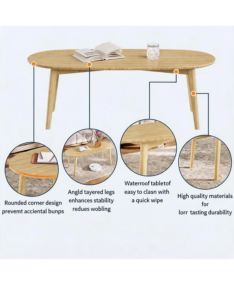 Wood Oval Coffee Table, 39.4" Beech Wood Center Table with Natural Wood Grain, Modern Nordic Low Sofa Table for Living Room, Bedroom or Small Space