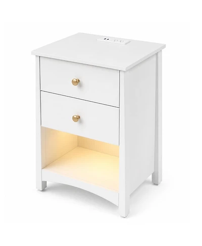 Nightstand with Charging Station, Led Light Strip, 2 Drawers and Open Shelf, Modern Mid-Century Bedside Table for Bedroom or Dorm