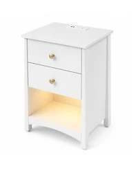 Nightstand with Charging Station, Led Light Strip, 2 Drawers and Open Shelf, Modern Mid-Century Bedside Table for Bedroom or Dorm