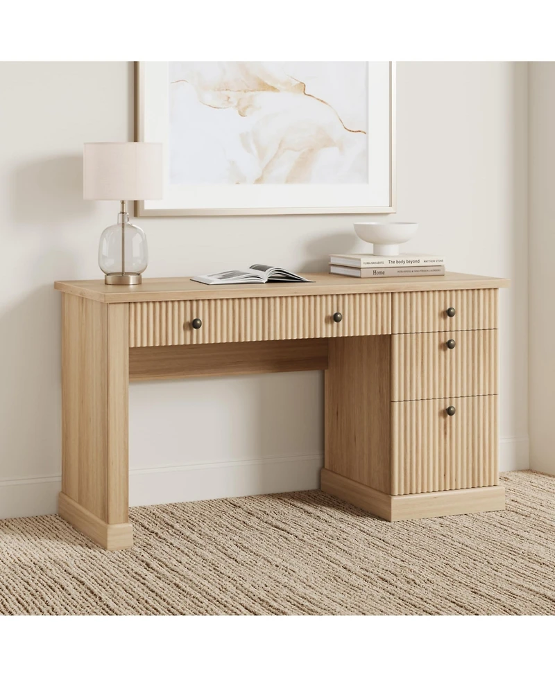 homfan 54" Fluted Executive Desk with File Drawer & Storage Drawers,Natural