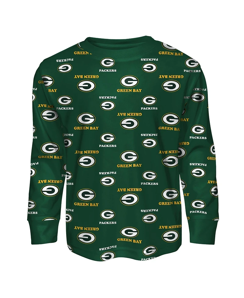 Outerstuff Big Boys and Girls Green Bay Packers All-Over-Print Long Sleeve T-Shirt and Pants Sleep Set
