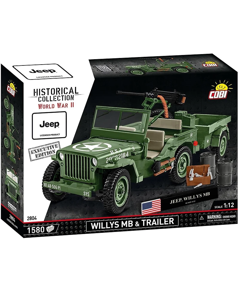 Cobi Wwii Jeep Willys Mb and Trailer Executive Edition 1:12 Scale 1580-Piece Building Set, Ages 11+