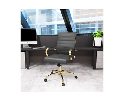 LeisureMod (Set of 2) Benmar Leather Office Chair with Gold Accents, Adjustable Height, Swivel Ergonomic Design for Home