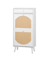Slickblue Entryway Rattan Shoe Cabinet with 1 Drawer and 2 Flip-Down Drawers