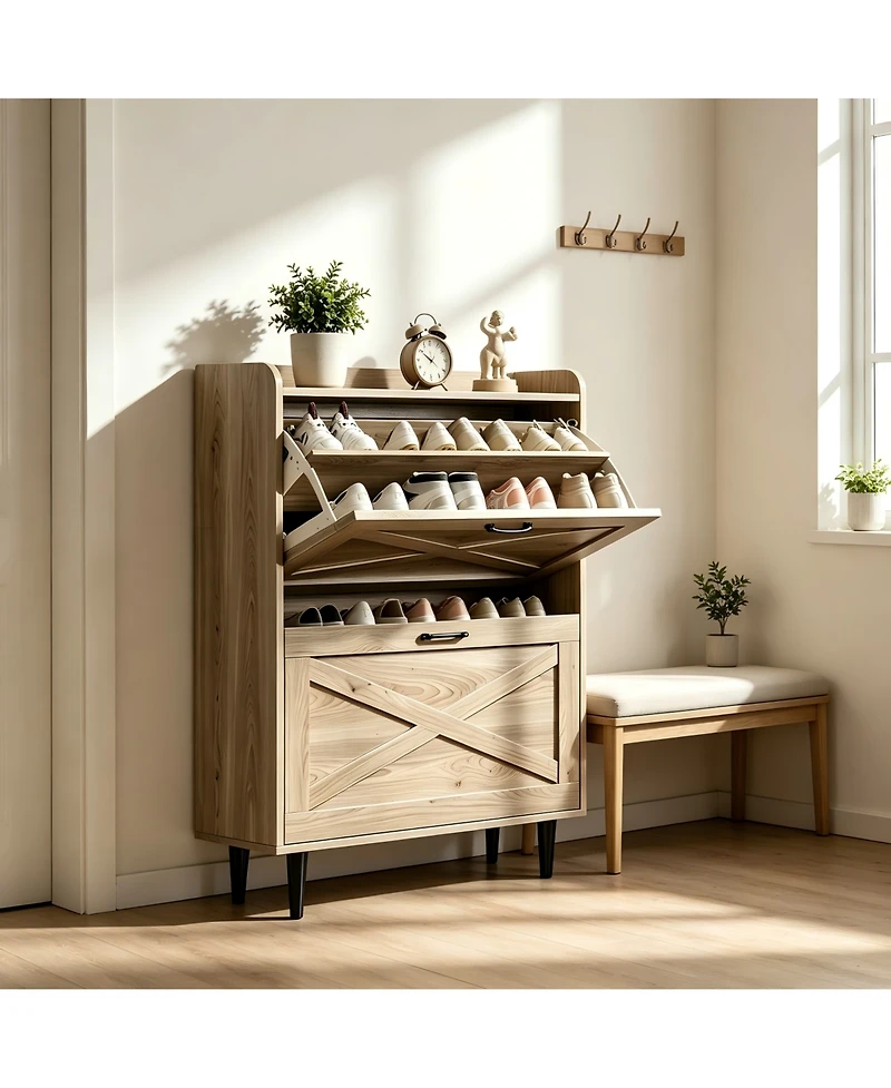 Slickblue 2-Drawer Barn Door Shoe Cabinet with Side Panel and Mdf Top Shelf