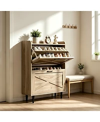 Slickblue 2-Drawer Barn Door Shoe Cabinet with Side Panel and Mdf Top Shelf