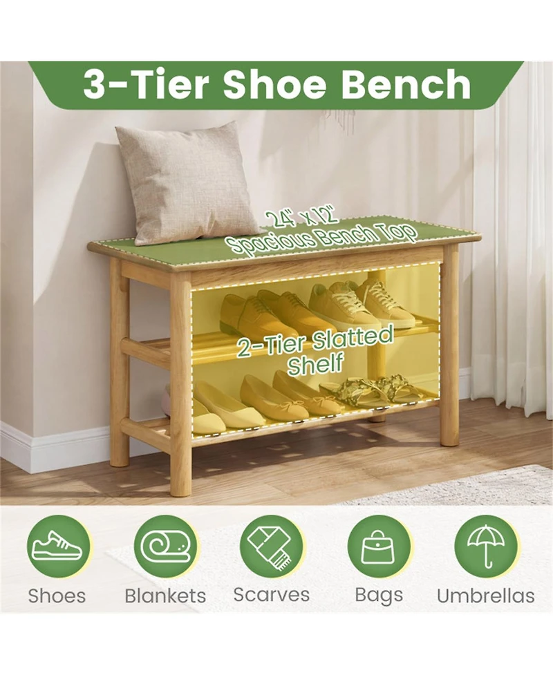 Slickblue 24 Inch Rubberwood Shoe Rack Bench with 3-Tier Entryway Storage