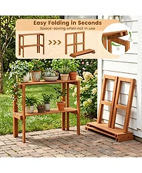Slickblue 2-Tier Slatted Wood Shoe and Plant Stand with Folding Design