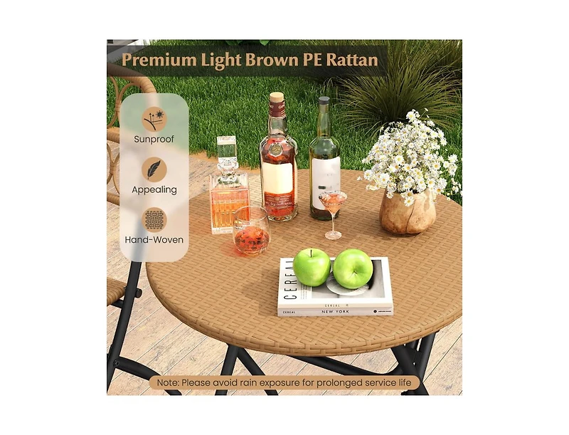 Boyel Living 3 Piece Patio Bistro Set Folding Round Table and Chairs with Wicker Seat