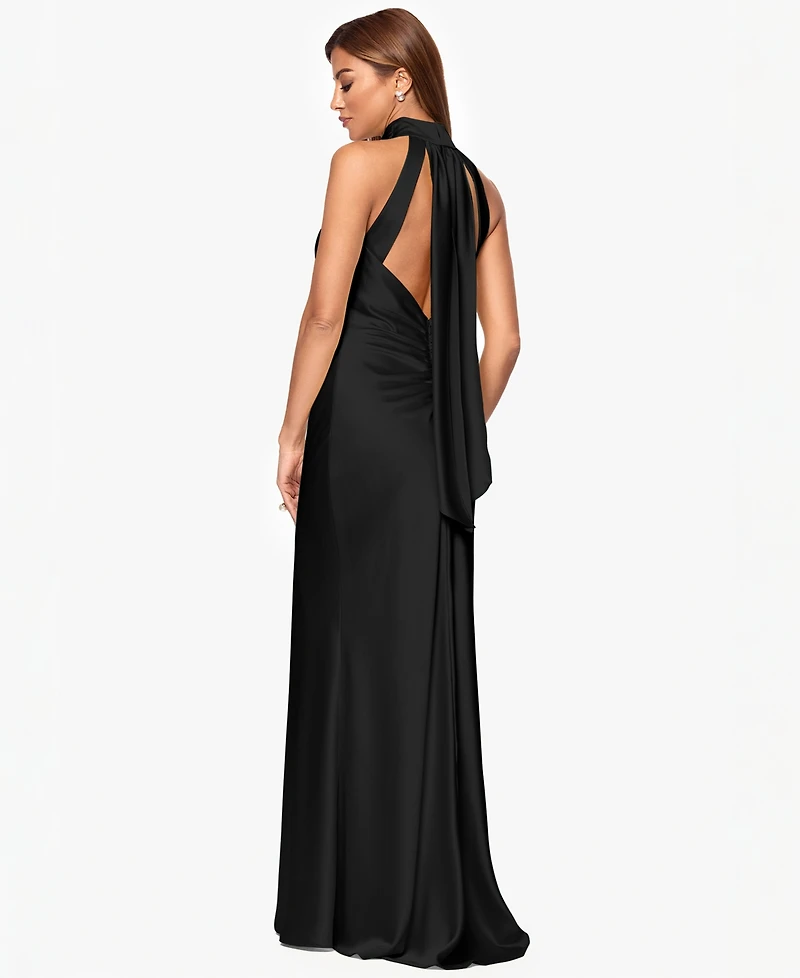 Xscape Petite Sleeveless Tie-Neck Long Gown