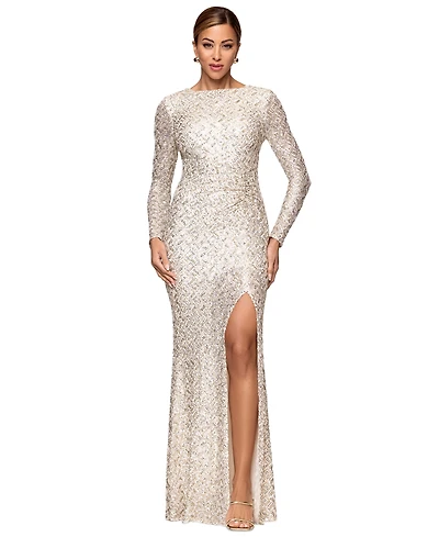 Xscape Petite Allover-Sequin Boat-Neck Long-Sleeve Dress