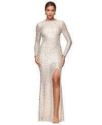 Xscape Petite Allover-Sequin Boat-Neck Long-Sleeve Dress