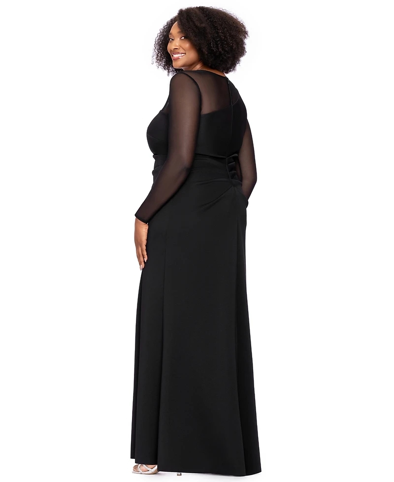 Xscape Plus Wedding Guest Long-Sleeve Mesh Dress