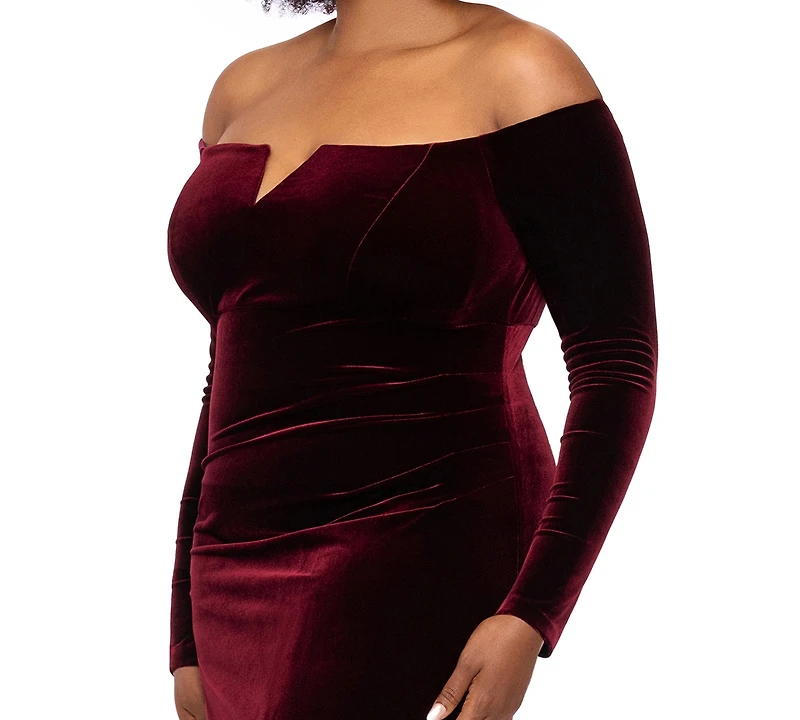 Xscape Plus Off-the-Shoulder Velvet Long-Sleeve Gown