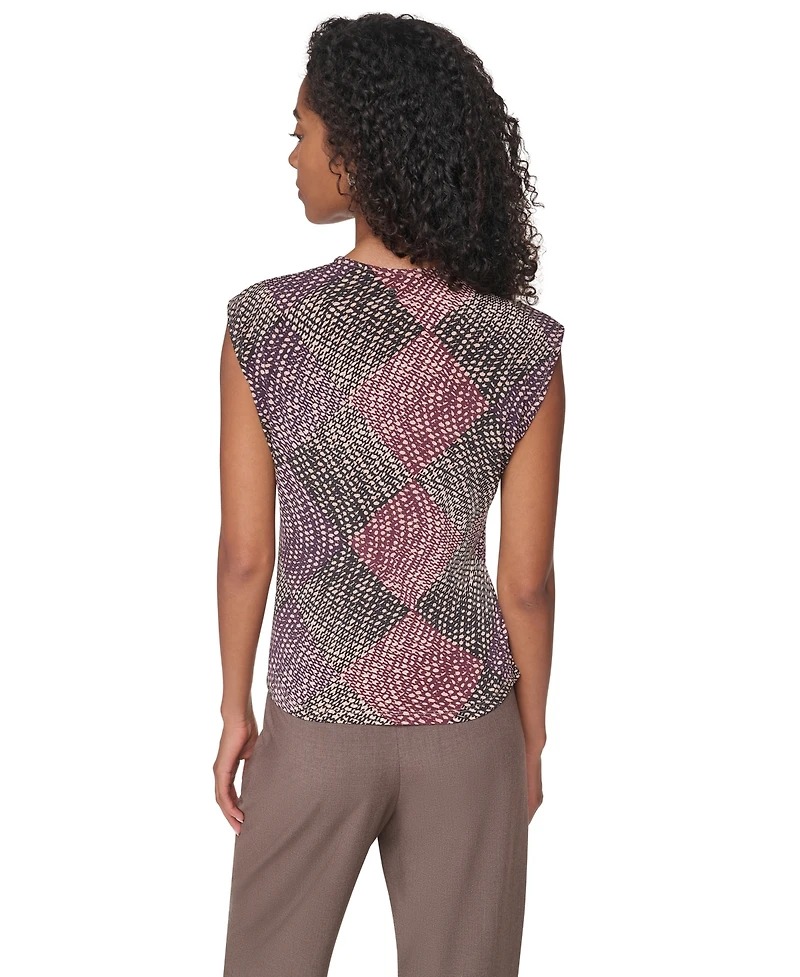 Dkny Petite Mock Neck Geometric-Print Ruched Sleeveless Blouse