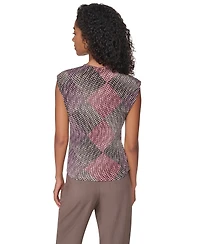 Dkny Petite Mock Neck Geometric-Print Ruched Sleeveless Blouse