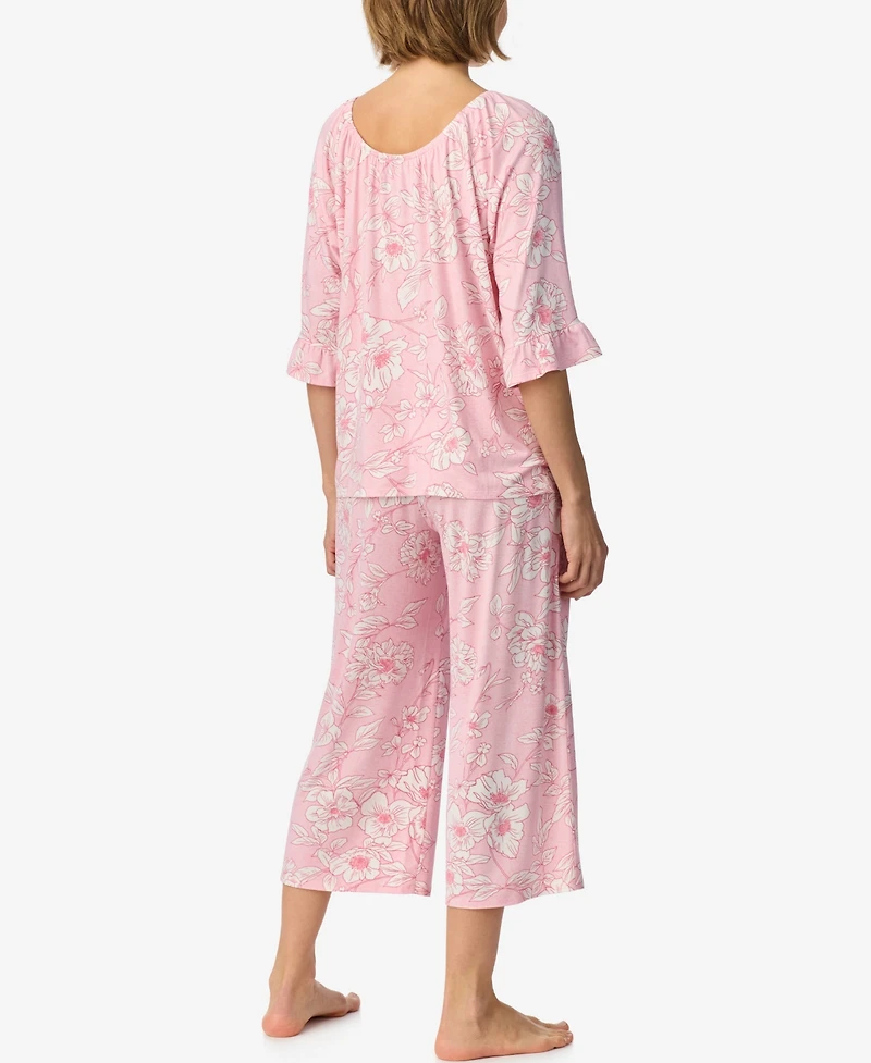 Ellen Tracy Women's Above-Elbow Raglan Sleeves with Ruffle Wide-Leg Cropped Pant Pajama Set