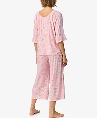Ellen Tracy Women's Above-Elbow Raglan Sleeves with Ruffle Wide-Leg Cropped Pant Pajama Set