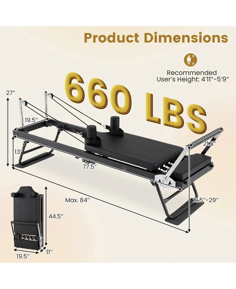 Glintex Pilates Reformer, Foldable 84 in Frame, Holds 660 lbs