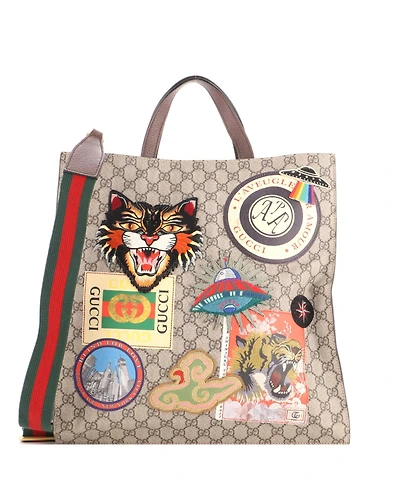 Pre-Owned Gucci North South Courrier Convertible Soft Open Tote Gg Coated Canvas with Applique