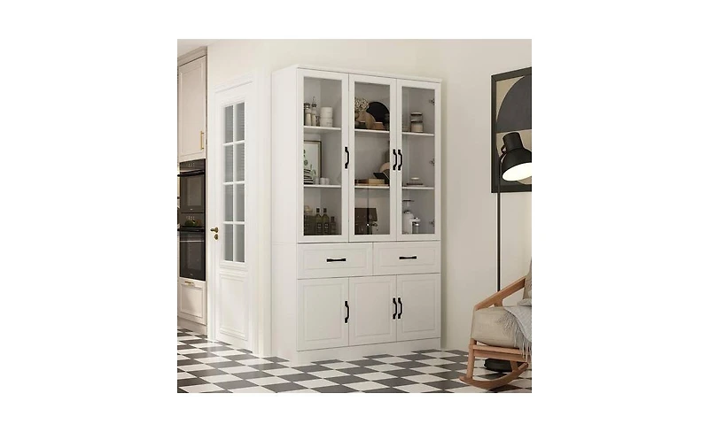 Fufu&Gaga 47.2 in. Wide x 78.9 in. H 8-Shelf Wood Standard Bookcase With Adjustable Shelves, Tempered Glass Doors, Drawers