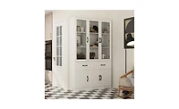 Fufu&Gaga 47.2 in. Wide x 78.9 in. H 8-Shelf Wood Standard Bookcase With Adjustable Shelves, Tempered Glass Doors, Drawers