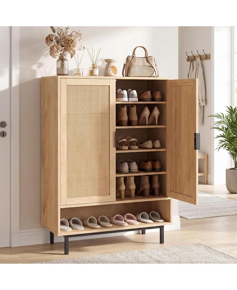Gymax Shoe Cabinet 2 Doors6-Tier Rattan Storage Adjustable Shelves