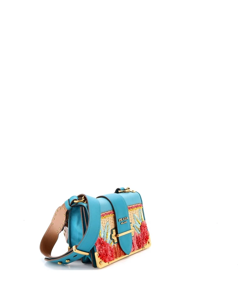 Pre-Owned Prada Small Cahier Crossbody Bag Embroidered Straw with Leather