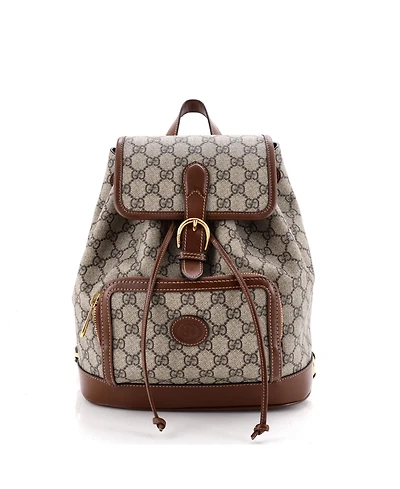 Pre-Owned Gucci Small Interlocking G Patch Drawstring Flap Backpack Gg Coated Canvas