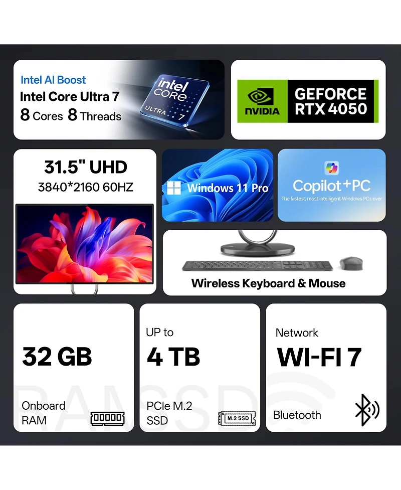 Lenovo Yoga 31.5" Uhd All-in-One, Intel Core Ultra 7 258V, Rtx 4050, 32GB Ram, 1TB Ssd, Wireless keyboard and Mouse, Wi-Fi 7, Win11 Pro, Grey