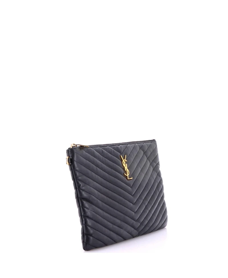 Pre-Owned Saint Laurent Medium Classic Monogram Wristlet Pouch Matelasse Chevron Leather
