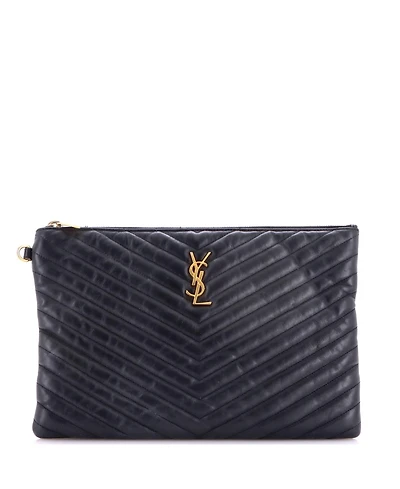 Pre-Owned Saint Laurent Medium Classic Monogram Wristlet Pouch Matelasse Chevron Leather