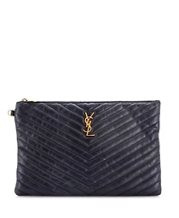Pre-Owned Saint Laurent Medium Classic Monogram Wristlet Pouch Matelasse Chevron Leather