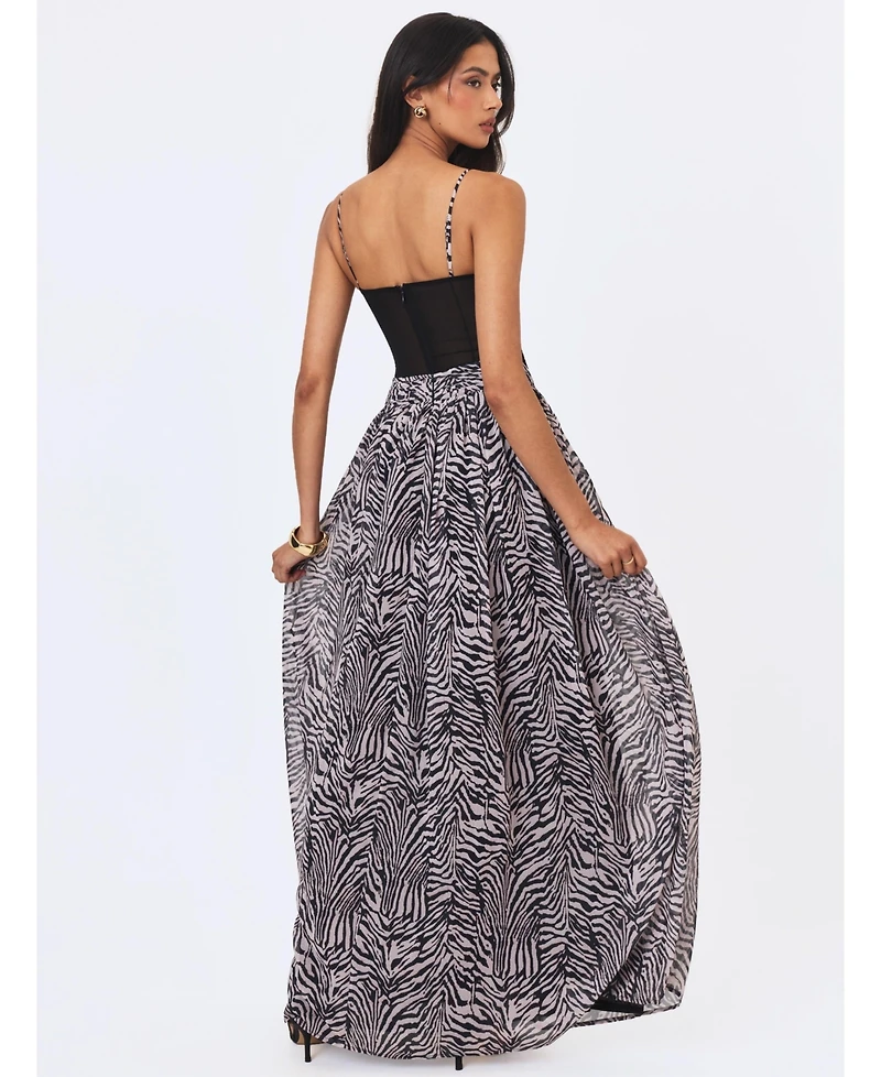 Miss Circle Women's Onora Zebra Print Chiffon Dipped Waist Maxi Dress