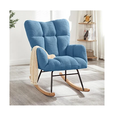 Rainsken Rocking Chair,Tufted Upholstered Teddy Fabric Rocking Chair with Metal Frame Accent