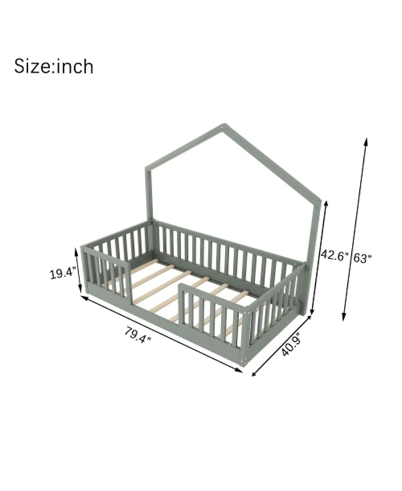 Streamdale Furniture Twin Floor Bed with High Rails and Light for Kids
