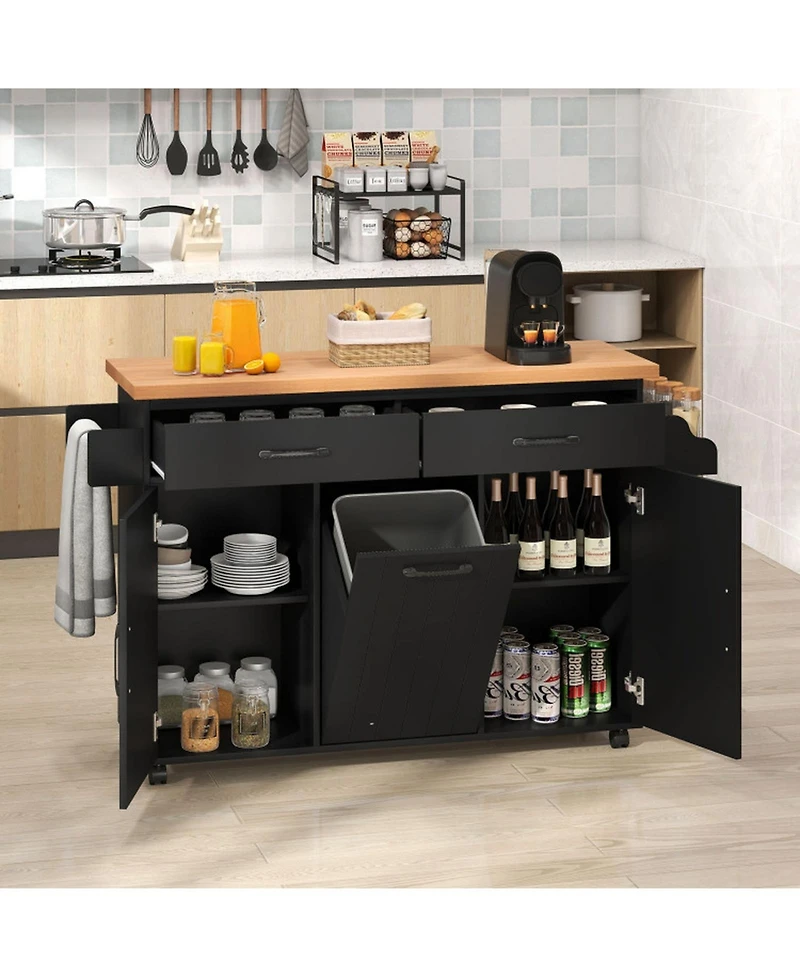 Sugift Mobile Kitchen Island Table with Hidden Trash Storage Pull-Out Drawers and Adjustable Shelves