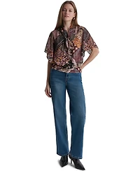 Bcbg Women's Bow Neck Mixed Print Short-Sleeve Blouse