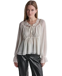 Bcbg Women's Scoop Neckline Lace-Trim Long-Sleeve Blouse