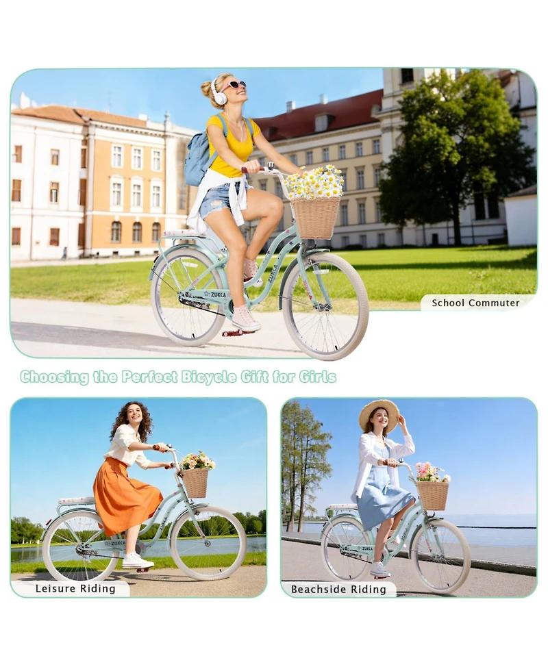 ECHTPeak 24 Inch Cruiser Bike for Girls, with Wicker Basket and Rear Rack, Speed Commuter Bicycle, High Carbon Steel Frame, for Outdoor Riding