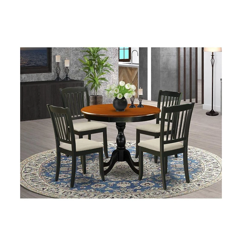 East West Furniture 5-Piece Modern Dining Set Includes a Round Wood Table and 4 Linen Fabric Dining Room Chairs with Slatted Back