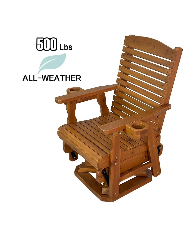 Innovaze Solid Fir Wood Patio Glider Swivel Chair, 360-Degree Rotating Outdoor Rocker with Cup Holders