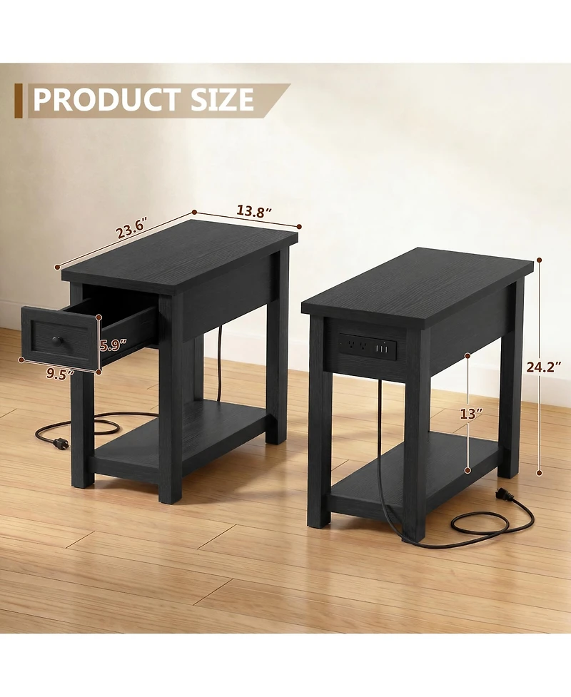 Aheaplus Set of 2 14" Wooden Nightstands with Charging Station and Drawer
